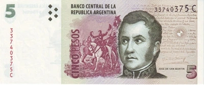 5 Песо Pesos 1997-2016 рік Банкнота Аргентина Південна Америка UNC P-353