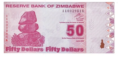 50 доларів dollars 2009 рік Банкнота Зімбабве Африка UNC P-96