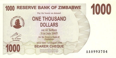 1000 доларів dollars 2006-2008 рр Банкнота Зімбабве Африка UNC P-44