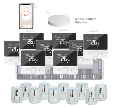 Бездротове Wi-Fi керування водяною підлогою 8 зон 4HEAT | HR-03RF + EGW01 + WT-25 (8 шт.) + Привод ATR (10 шт.)