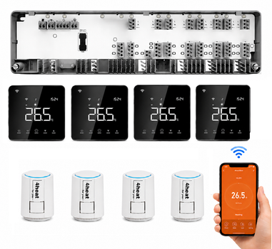 Комплект WiFI автоматика водяного теплого пола 4 зоны 4HEAT | HR-03C + АE-3DB.WF (4 шт) + Привод ATR (4 шт)