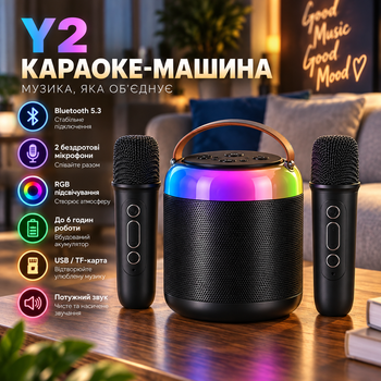 Караоке-машина Y2 Bluetooth 5.3 з 2 мікрофонами, портативна колонка з RGB-підсвічуванням, акумуляторна, чорна