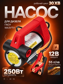 Насос помпа погружной для слива перекачки топлива дизеля керосина Kraft&Dele KD1168 электрический портативный 250 Вт производительность 55 л/мин 12 В высота подъема 15м разъем 3/4'' возможность подключения к аккумулятору автомобиля