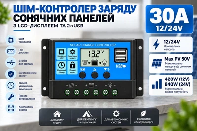 ШИМ-контроллер заряда солнечных панелей 30A 12/24V, Max PV 50V, 420W/840W с LCD-дисплеем и 2×USB