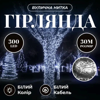 Гирлянда Нить уличная 30 м 300 LED белый провод Белый CF300L30MWW