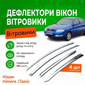 Дефлекторы боковых окон Nissan Almera Classic (N17) Ниссан Альмера Классик 2006- Хром