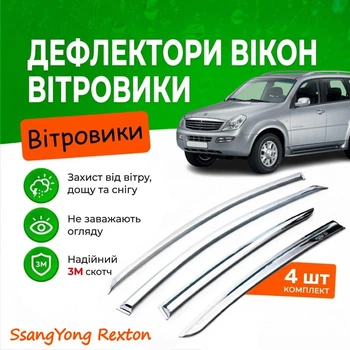 Дефлекторы боковых окон SsangYong Rexton 1-2 СсангЙонг Рекстон I-II 2002-2007, 2007- Хром