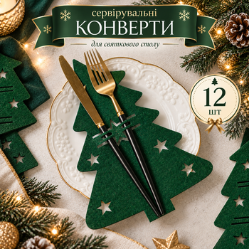 Новогодние конверты для сервировки столовых приборов (12 шт, зеленый, 21×17 см)