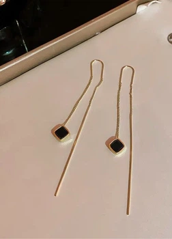Серьги женские длинные протяжки с черными ромбами Fashion Jewelry Золоттистые 20143
