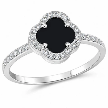 Кольцо серебряное Клевер с ониксом и фианитами Silver Style 16 р. (120316.60 sku:2300104344535)