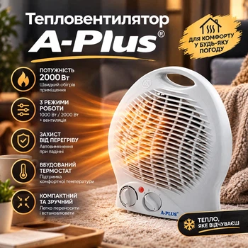 Тепловентилятор напольный A-Plus 2000 Вт с термостатом и защитой от перегрева