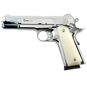 Стартовый пистолет Kuzey 911 shiny chrome, белые ручки, с доп. магазином (Colt 1911)