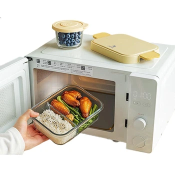 Ланч-бокс CAMUZ из стекла, термостойкий, сохраняет свежесть продуктов, подходит для использования в микроволновой печи, большой объем, желтый, с 3 отделениями, для офисных работников.