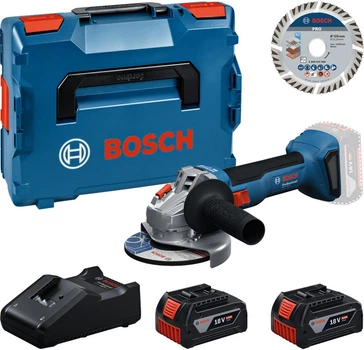 Кутова шліфувальна машина акумуляторна Bosch Professional GWS 18V-10 + 2х акумулятор 5.0 А·год + зарядний пристрій + відрізний диск 125 мм у кейсі L-BOXX (4053423901405)