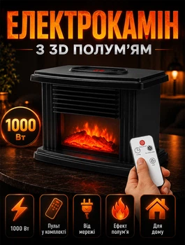 Камін електричний 3D ефект полум'я 1000 Вт 220В з дистанційним керуванням 22х15, 3х12 см