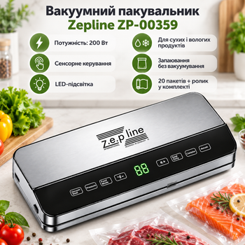 Вакуумный упаковщик для хранения сухих и влажных продуктов Zepline ZP-00359 200Вт Бытовой вакууматор с LED-подсветкой + 20 вакуумных пакетов