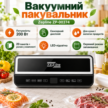 Электрический вакуумный упаковщик для длительного хранения продуктов Zepline ZP-00374 200Вт Кухонный вакууматор для еды + 20 вакуумных пакетов