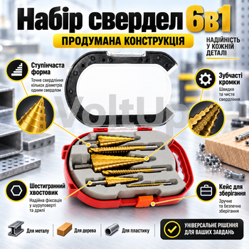 Набор ступенчатых и зубчатых сверл 6 в 1 HSS 4241 для металла дерева пластика и кровельных материалов