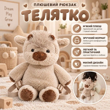 Плюшевый детский рюкзак Коровка мягкая игрушка с лямками Бежевый Рюкзак Теленок