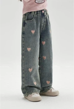 Джинси для дівчинки з рожевими сердечками baggy / wide-leg 100 р.