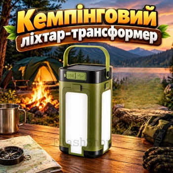Кемпінговий ліхтар-трансформер, 4 LED панелі, сонячна зарядка, USB Type-C (зелений)