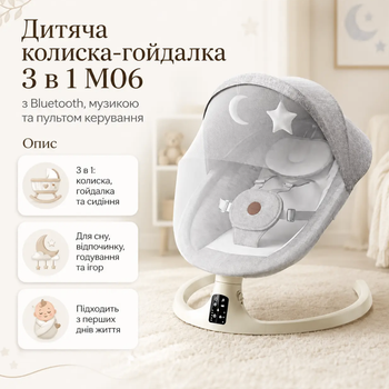 Детская люлька-качалка M06 3в1 с Bluetooth USB 15 мелодиями 5 режимами укачивания Таймер 15/30/45 мин Пульт Москитная сетка Пятиточечные ремни