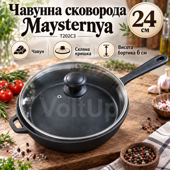 Чавунна сковорода-сотейник Maysternya Т202С3 24×6 см зі скляною кришкою, литою ручкою для всіх видів плит і духовки