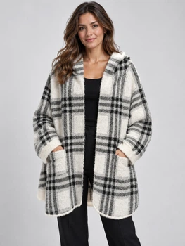 Женская кофта из альпаки в черно-серую клетку с капюшоном One Size (2631272) One size One Size