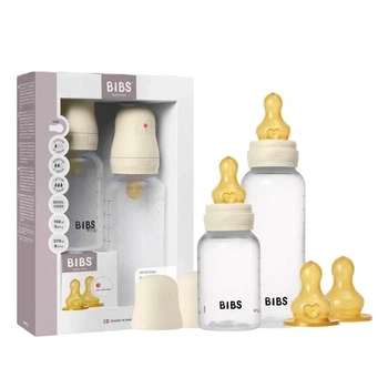 Набір пластикових дитячих пляшечок BIBS Grow and Flow Round Latex 150 мл/270 мл – Ivory 2 пляшечки + змінні насадки