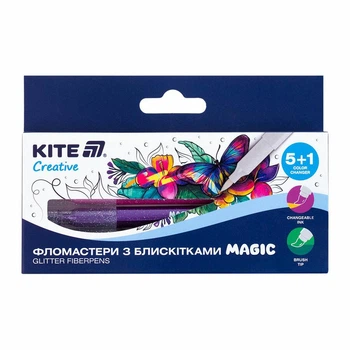 Набор фломастеров Kite "Creative Magic" 1-5 мм кистевые 5 цветов с блестками + 1 маркер-растворитель (K-1167)