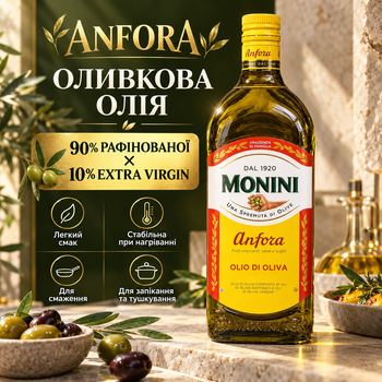 Оливкова олія Anfora 1 л рафінована оливкова олія 90% з 10% Extra Virgin олія для смаження запікання тушкування випічки соусів маринадів безглютенова у скляній пляшці