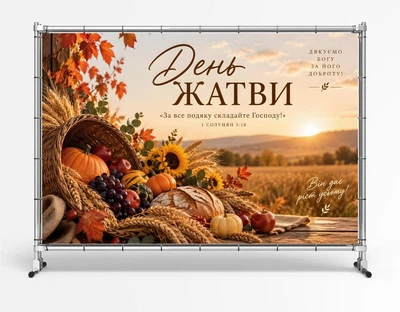 Баннер "С Днем благодарения" для церкви. Христианский баннер к празднику жатвы и урожая "За все благодарность", 2х3 м