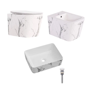 Комплект Qtap Tern Marble 3 в 1: унитаз подвесной Ultra Quiet + биде подвесное + раковина накладная QTTERMR49164 QTAP QTTERMR49164