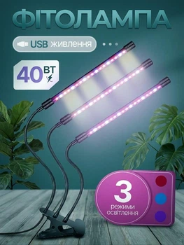 Фитолампа USB для роста растений на 3 лампы светодиодная LED фито лампа на прищепке светильник для комнатных цветов и рассады полный спектр гибкие головки 360° таймер регулировка яркости для теплиц орхидей суккулентов и домашней оранжереи