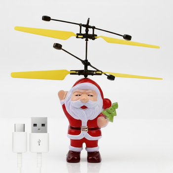 Літаючий іграшковий вертоліт Санта-Клаус з LED-підсвіткою 14х12,5 см інтерактивний червоно-білий для приміщень USB-зарядка