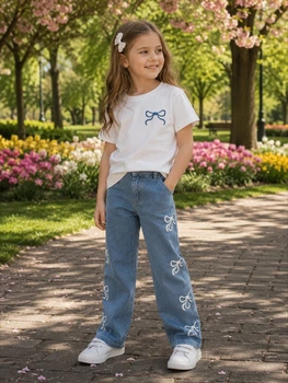 Комплект двойка с джинсами палаццо Denim Bows Kiddo молочный 116 см
