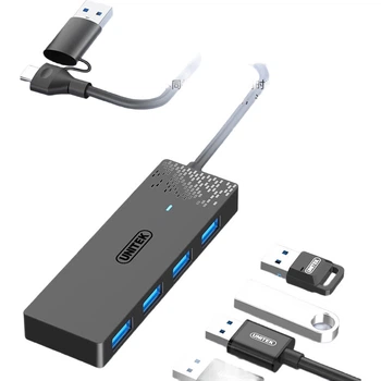 USB-концентратор-разветвитель UNITEK USB 3.0 с 4 портами расширения USB и разъемом питания. Двухпортовый разъем USB/Type-C, совместимый с ноутбуками, планшетами и смартфонами. Универсальный адаптер «один к одному».