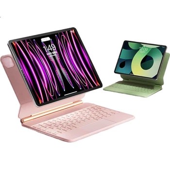 BOW Hangshi HB354 Новая клавиатура Bluetooth для iPad Air 7/5/6, чехол для iPad Pro 2020/2022, встроенный сенсорный экран, магнитная клавиатура Magic Control, универсальный размер 10,9"/11", розовый цвет.