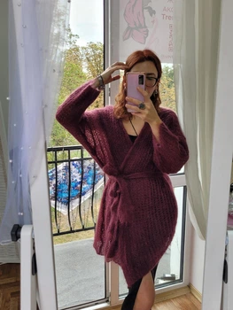 Жіночий італійський кардиган однотонний з поясом в`язаний Oversize Бордовий Шерсть мохер One Size 0015/02