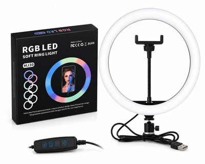 Кільцева RGB LED лампа MJ30 30 см з тримачем для телефону, USB, 7 кольорів RGB, для фото, відео та стрімів