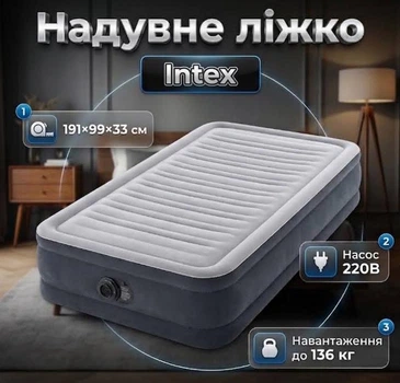 Надувне ліжко Intex 191×99×33 см Навантаження до 136 кг односпальний вбудований Насос 220 В