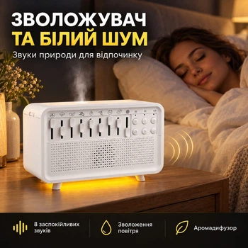 Зволожувач повітря з ефектом полум’я, аромадифузор із генератором білого шуму та звуками природи, білий