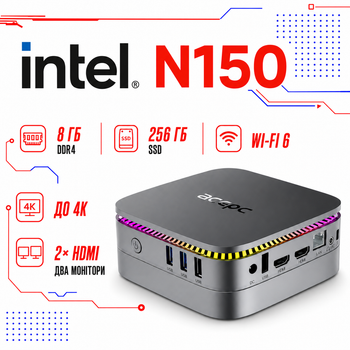 Міні-ПК Acepc PicoBox AK1 Plus / Intel Processor N150 / RAM 8GB / SSD 256GB / LAN / Wi-Fi / Bluetooth / Windows 11 Pro (Без ключа) / Сірий