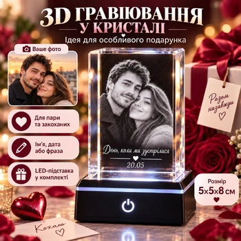 Романтический подарок девушке или парню с фото и датой — персонализированный 3D LED-ночник/светильник K9 Crystal 5×5×8 см