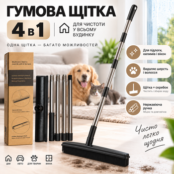 Універсальна гумова щітка-швабра 4 в 1 для підлоги, килимів, шерсті та вікон, ручка з нержавіючої сталі KT9005102