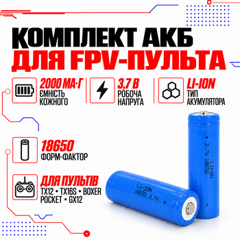 Комплект із двох Акумуляторних батарей 18650 2000 мАг 3,7V Li-ion Сині Radiomaster TX12, TX16S, Boxer, GX12