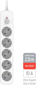 Мережевий фільтр-подовжувач ColorWay 10A/2500W (CCA-3G1MM) 5 розеток 2 м White (CW-PSEA1052W)