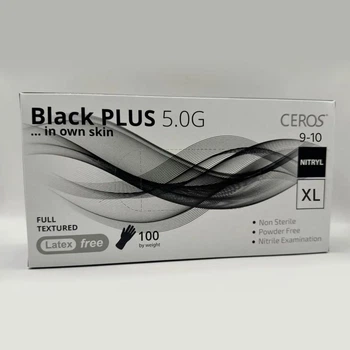Рукавички Ceros black PLUS нітрилові неопудрені розмір XL 100 шт чорні (2999)