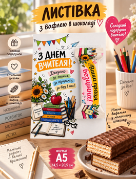 Большая открытка с шоколадной вафлей на День учителя Ваш труд бесценен
