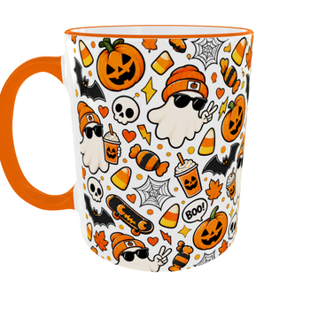 Кружка (чашка) с принтом Halloween Boo | Хэллоуин | керамическая 330 мл | оранжевая ручка